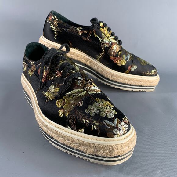 PRADA Size 11 Black Multi-Color Jacquard Floral Platform Laces - Picture 1 of 6